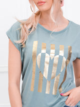 Tricou damă bumbac cu print inima și dungi - Verde