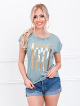 Tricou damă bumbac cu print inima și dungi - Verde