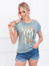 Tricou damă bumbac cu print inima și dungi - Verde