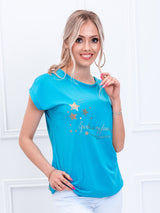 Tricou damă bumbac cu print steluțe- Albastru Deschis