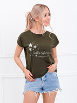 Tricou damă bumbac cu print steluțe- Kaki