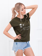 Tricou damă bumbac cu print steluțe- Kaki