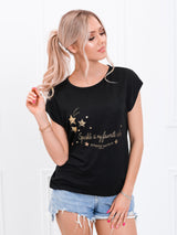 Tricou damă bumbac cu print steluțe- Negru