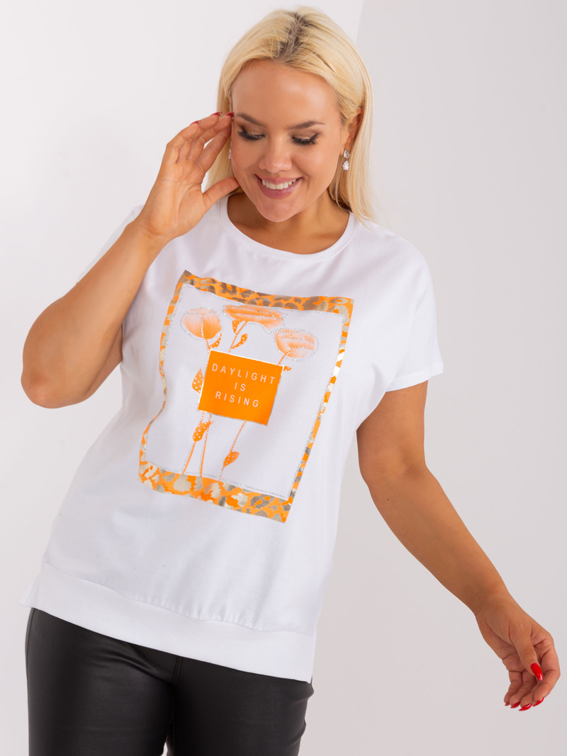 Bluză damă Mărimi Mari asimetrică cu șliț și print- Alb / Orange