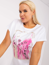 Bluză damă Mărimi Mari asimetrică cu șliț și print floral- Alb / Fucsia
