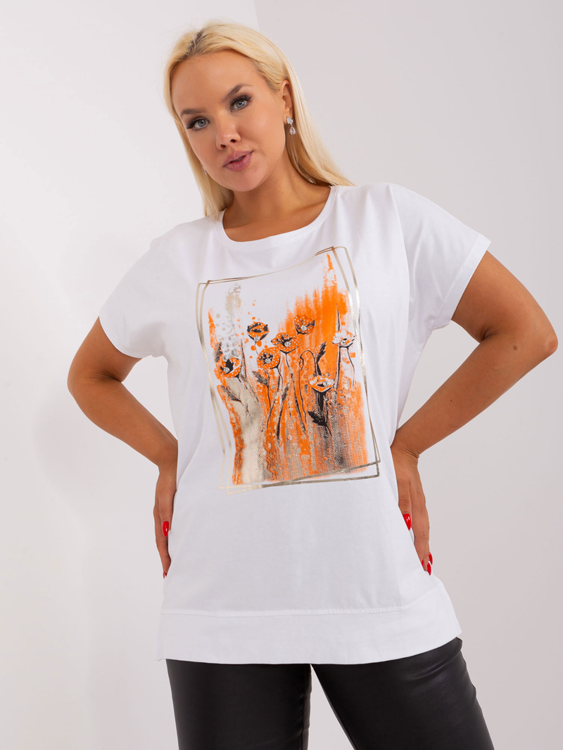 Bluză damă Mărimi Mari asimetrică cu șliț și print floral- Alb / Orange