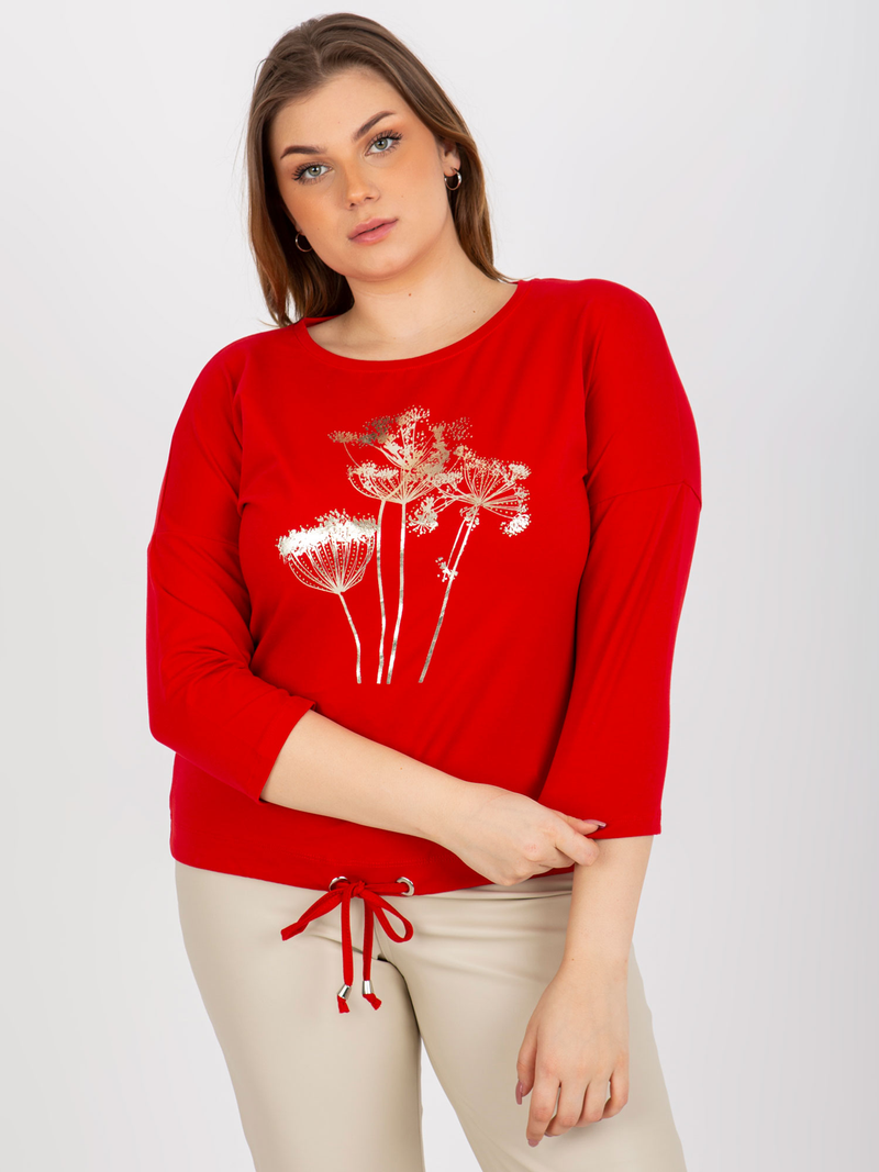 Bluză damă Mărimi Mari cu decolteu rotund și print- Roșu