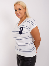 Bluză damă Mărimi Mari cu dungi și aplicație- Ecru / Bleumarin