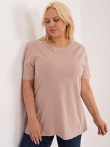 Bluză damă Plus Size casual- elegantă cu dantelă la spate- Bej