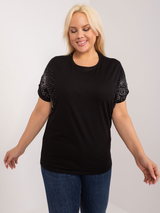 Bluză damă Plus Size cu aplicație din dantelă și strasuri- Negru