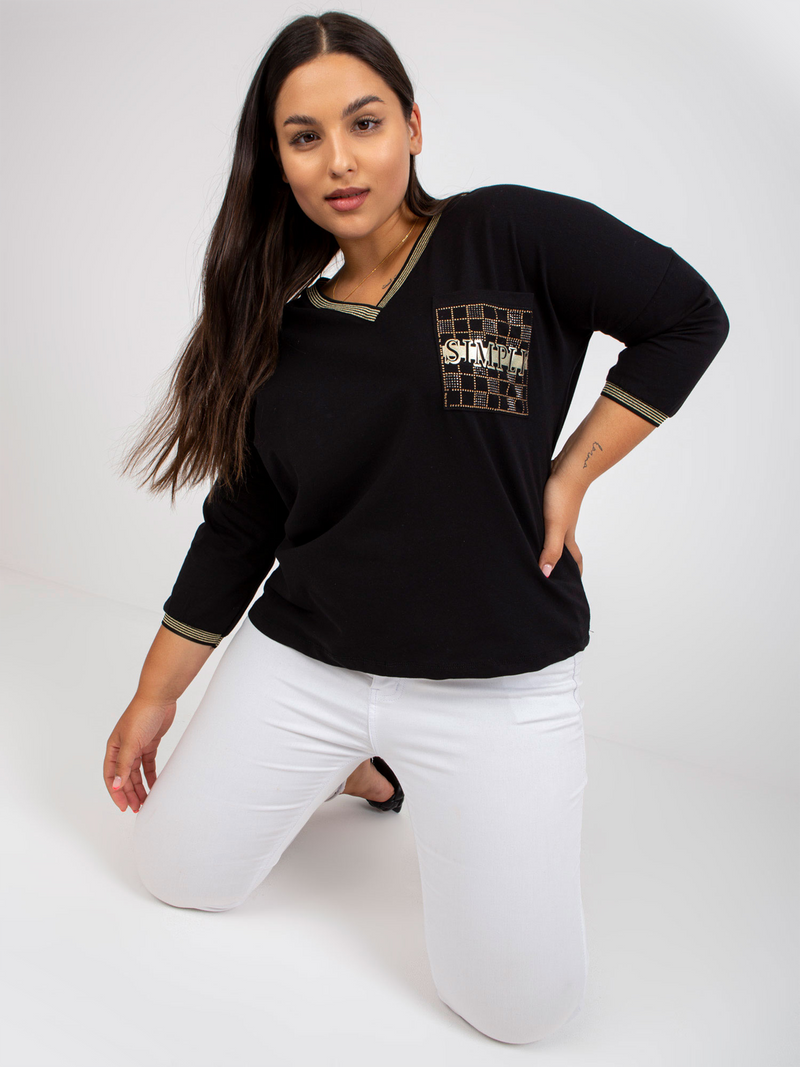 Bluză damă Plus Size cu buzunar decorativ- Negru