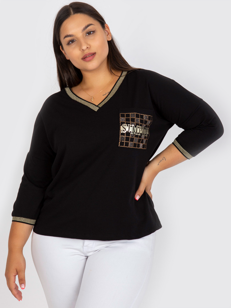 Bluză damă Plus Size cu buzunar decorativ- Negru