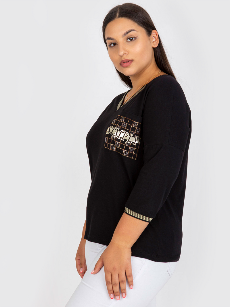 Bluză damă Plus Size cu buzunar decorativ- Negru