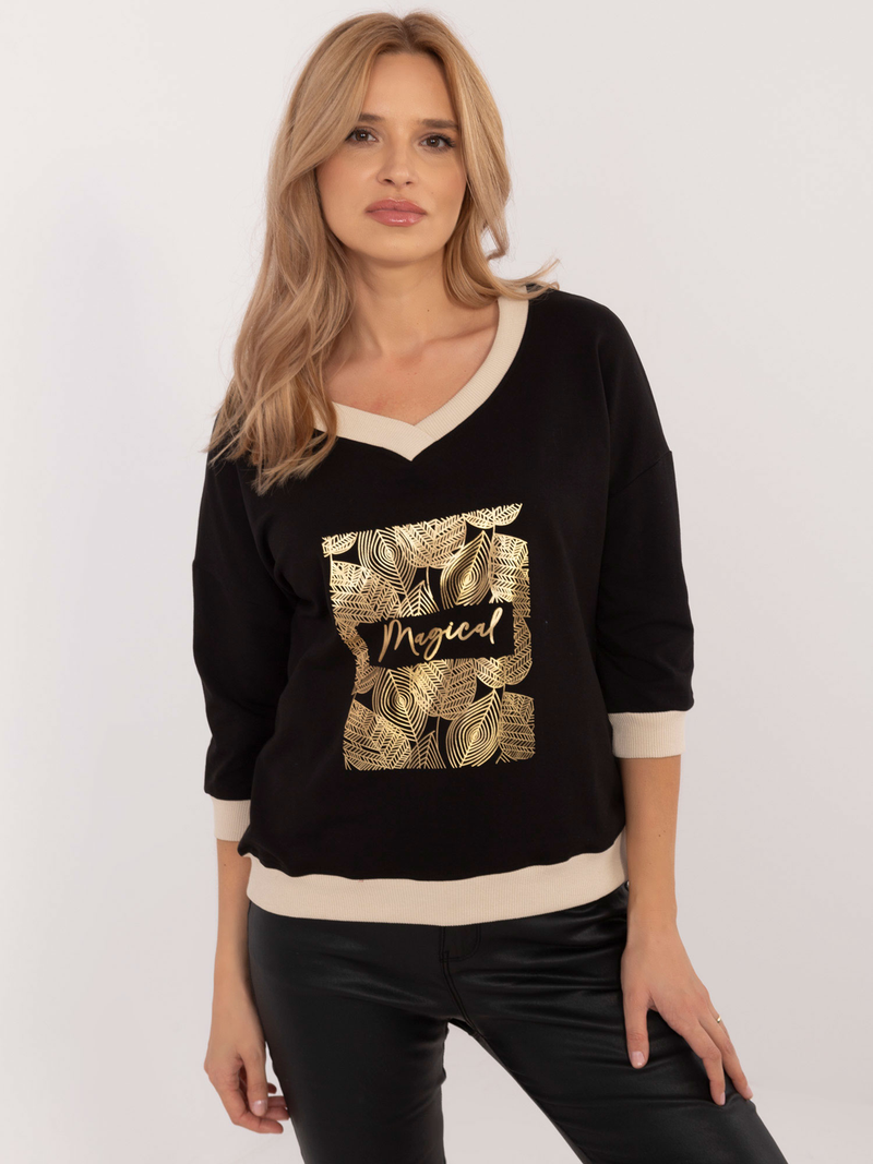 Bluză damă Plus Size cu decolteu V și print gold- Negru