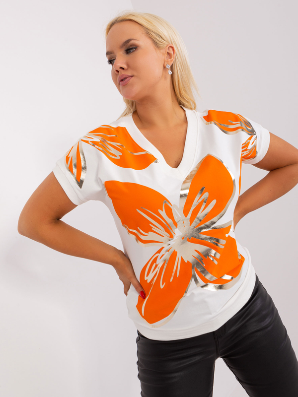 Bluză damă Plus Size cu imprimeu floral mare- Ecru / Orange