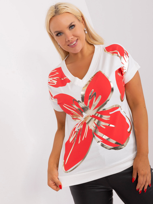 Bluză damă Plus Size cu imprimeu floral mare- Ecru / Rosu
