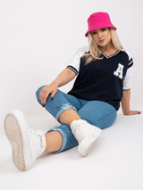 Bluză damă Plus Size cu mânecă raglan și aplicație- Bleumarin/ Alb