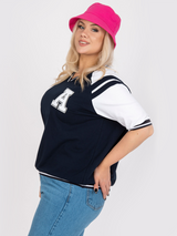 Bluză damă Plus Size cu mânecă raglan și aplicație- Bleumarin/ Alb