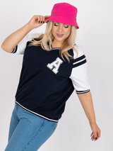 Bluză damă Plus Size cu mânecă raglan și aplicație- Bleumarin/ Alb