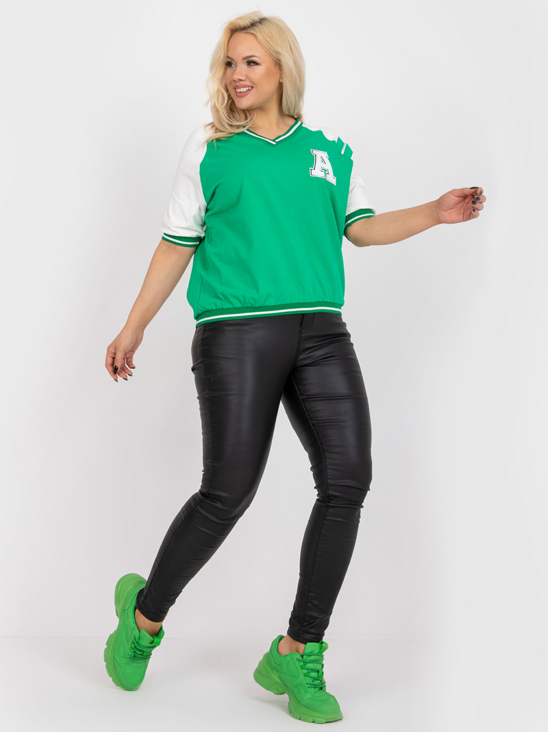 Bluză damă Plus Size cu mânecă raglan și aplicație- Verde/ Alb