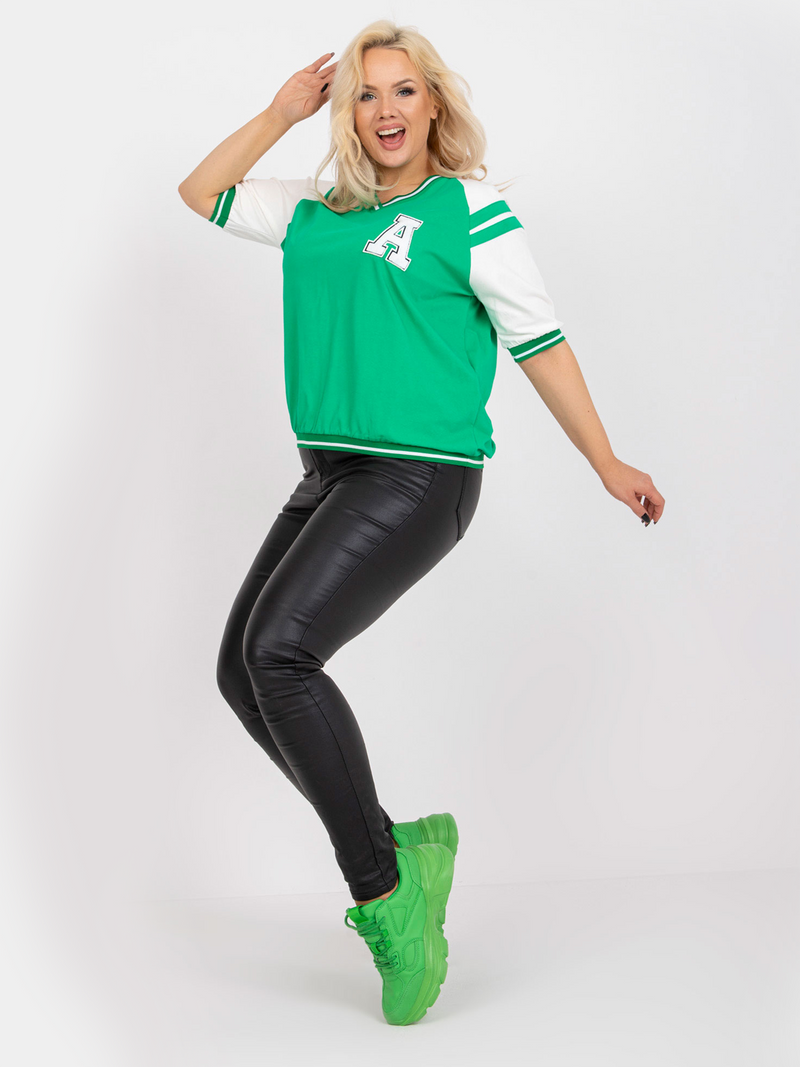 Bluză damă Plus Size cu mânecă raglan și aplicație- Verde/ Alb