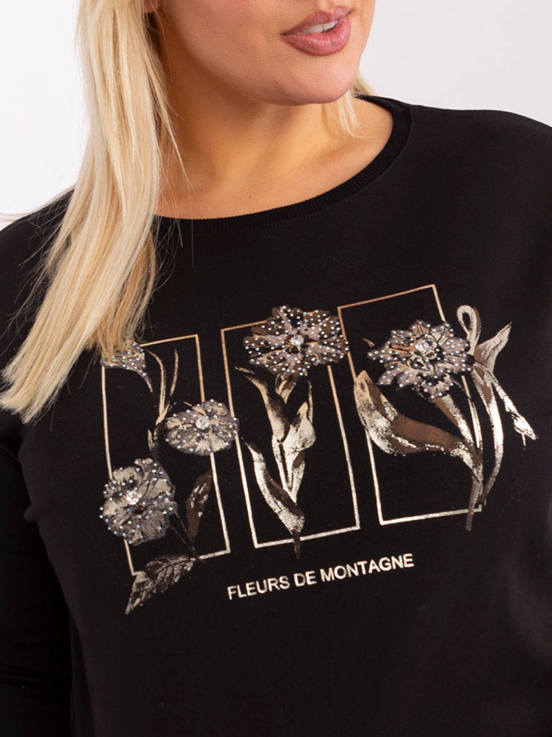 Bluză damă Plus Size cu print floral și strasuri- Negru