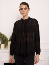Bluză damă Plus Size elegantă cu broderie și dantelă- Negru