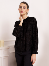 Bluză damă Plus Size elegantă din catifea devore cu model- Negru