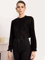 Bluză damă Plus Size elegantă din catifea devore cu model- Negru