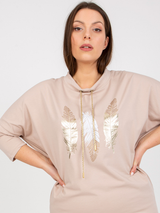 Bluză femei Mărime Mare cu print și șnur auriu- Bej