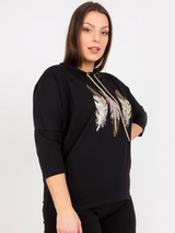 Bluză femei Mărime Mare cu print și șnur auriu- Negru