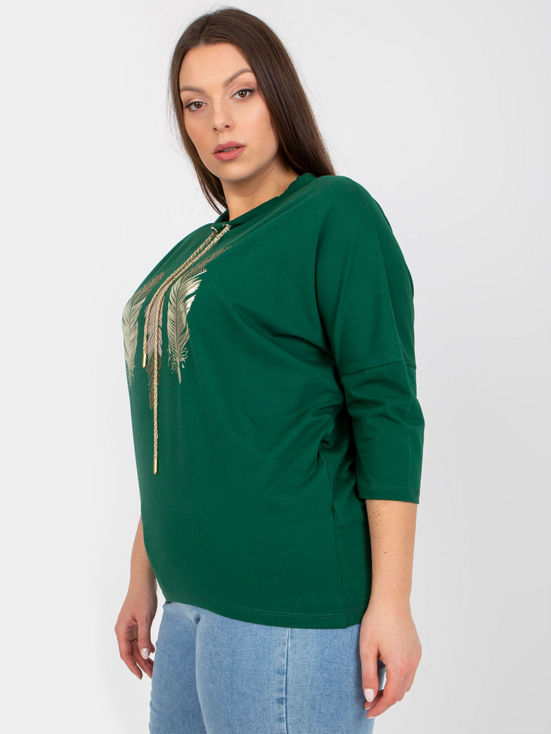 Bluză femei Mărime Mare cu print și șnur auriu- Verde