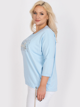 Bluză femei Mărimi Mari cu print și șnur fantezie- Bleu