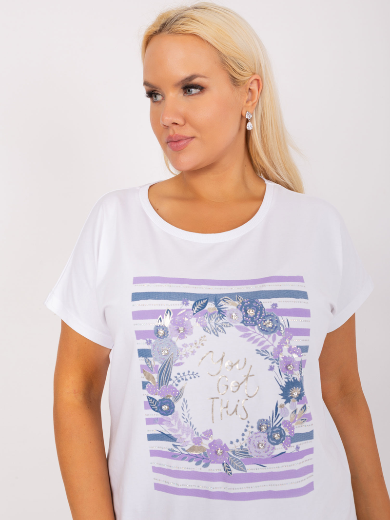 Bluză femei Plus Size asimetrică imprimată cu mânecă scurtă- Alb / Violet