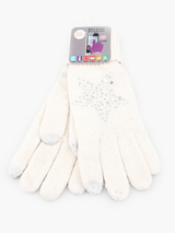 Mănuși damă tricotate cu stea din ștrasuri- Alb ivoire