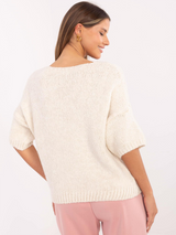Pulover damă Plus Size cu decolteu V și mânecă scurtă- Bej Deschis