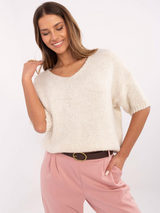 Pulover damă Plus Size cu decolteu V și mânecă scurtă- Bej Deschis