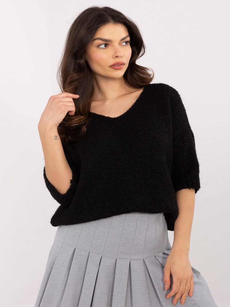 Pulover damă Plus Size cu decolteu V și mânecă scurtă- Negru