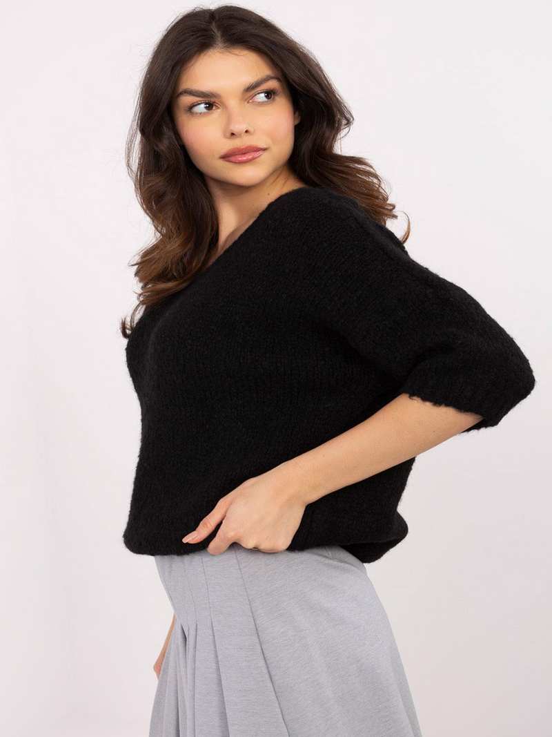 Pulover damă Plus Size cu decolteu V și mânecă scurtă- Negru