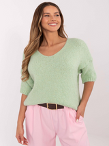 Pulover damă Plus Size cu decolteu V și mânecă scurtă- Verde Fistic