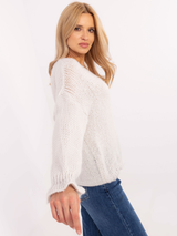 Pulover damă Plus Size cu decolteu V și volan la mâneci- Gri