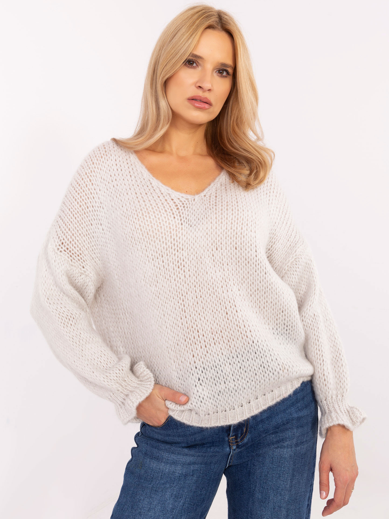 Pulover damă Plus Size cu decolteu V și volan la mâneci- Gri