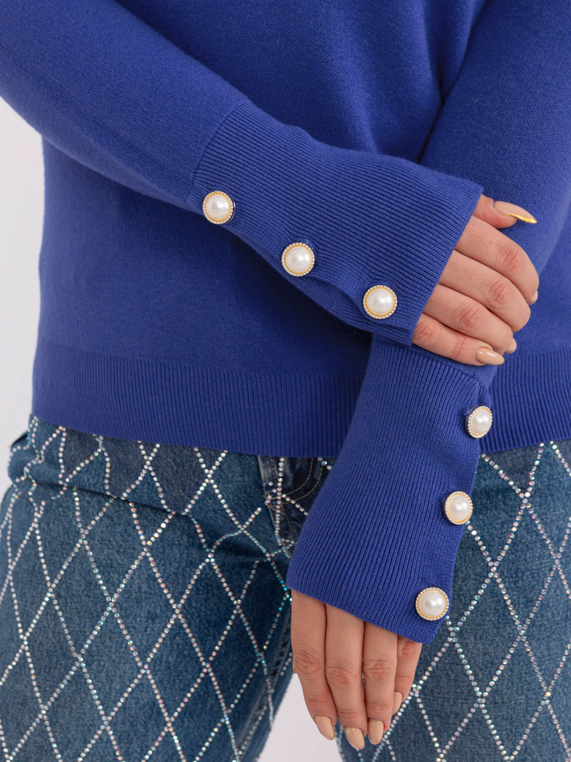 Pulover damă Plus Size cu guler rulat și nasturi tip perlă- Albastru