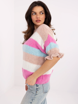 Pulover damă Plus Size cu dungi și mâneci 3/4- Bej multicolor