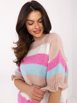 Pulover damă Plus Size cu dungi și mâneci 3/4- Bej multicolor