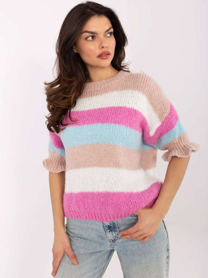 Pulover damă Plus Size cu dungi și mâneci 3/4- Bej multicolor
