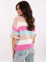 Pulover damă Plus Size cu dungi și mâneci 3/4- Bej multicolor