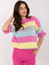 Pulover damă Plus Size cu dungi și mâneci 3/4- Roz multicolor