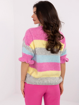 Pulover damă Plus Size cu dungi și mâneci 3/4- Roz multicolor