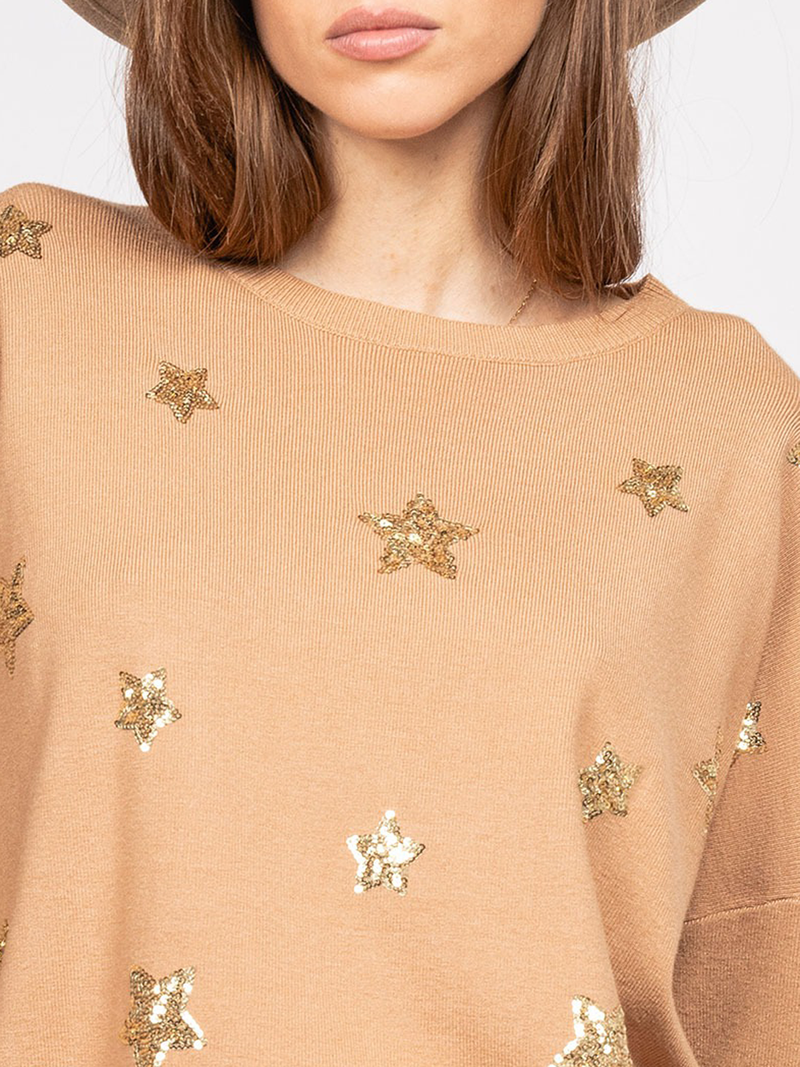 Pulover damă Plus Size elegant cu steluțe aurii- Bej Cafeniu